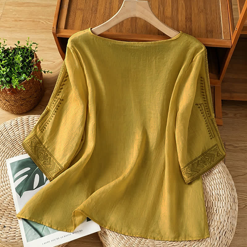 Buddha Stones Camisetas de manga corta para mujer con bordado geométrico, estilo bohemio informal de verano. - image 13