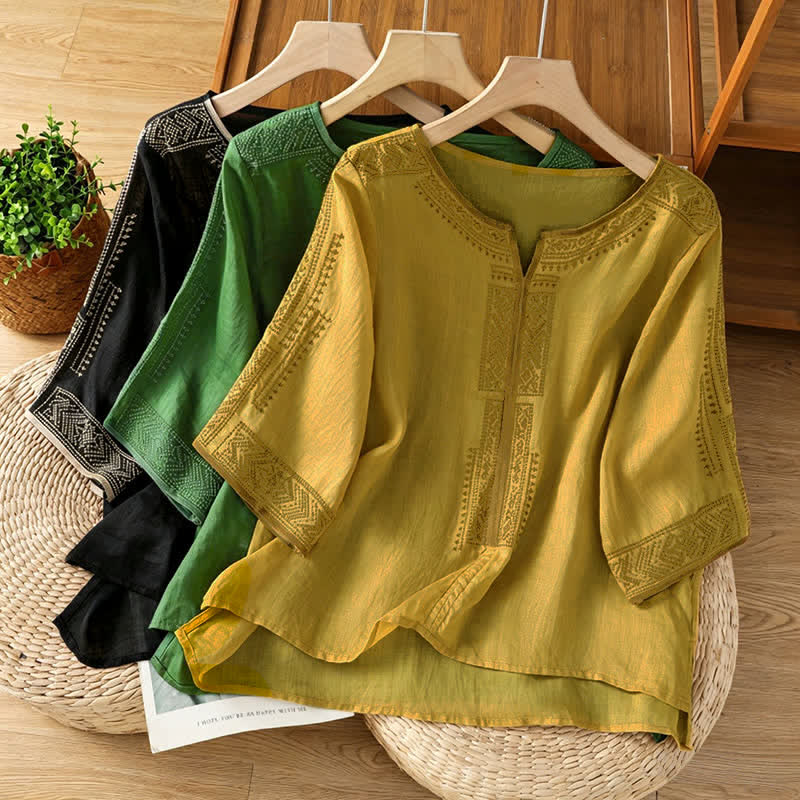 Buddha Stones Camisetas de manga corta para mujer con bordado geométrico, estilo bohemio informal de verano. - image 21
