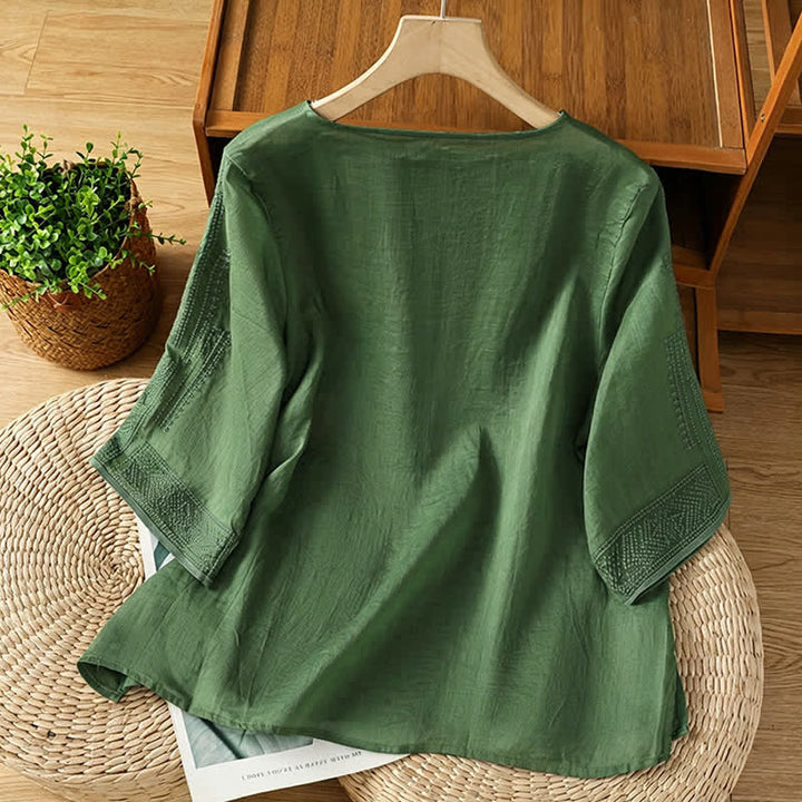 Buddha Stones Camisetas de manga corta para mujer con bordado geométrico, estilo bohemio informal de verano. - image 7