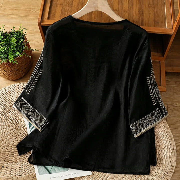 Buddha Stones Camisetas de manga corta para mujer con bordado geométrico, estilo bohemio informal de verano. - image 1