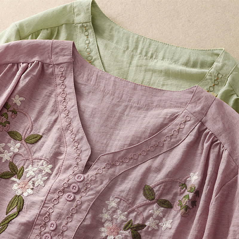 Buddha Stones Camisa de manga corta para mujer con bordado floral estilo boho veraniego - image 18