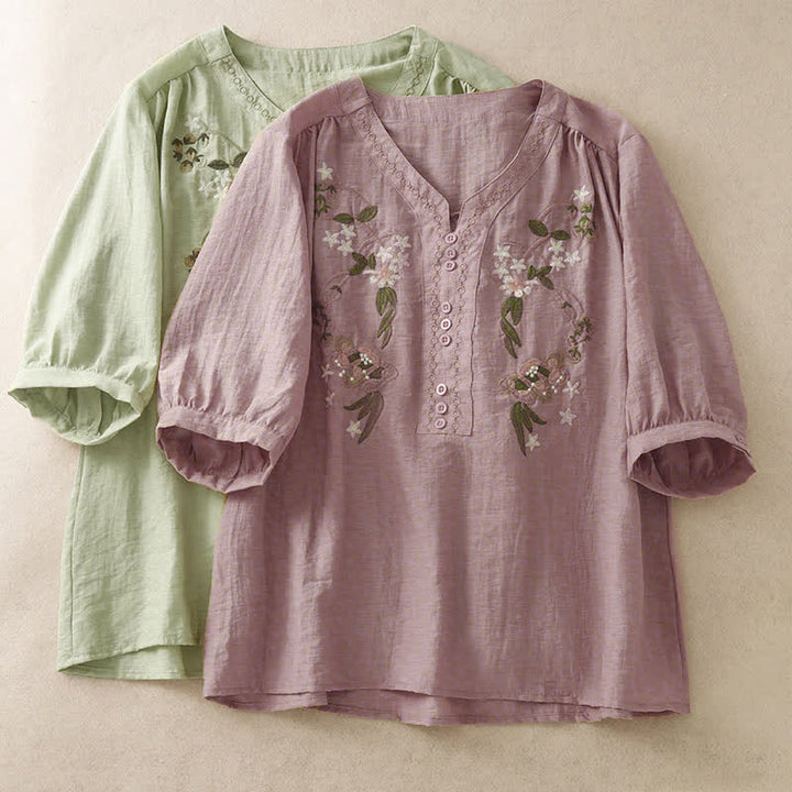 Buddha Stones Camisa de manga corta para mujer con bordado floral estilo boho veraniego - image 16