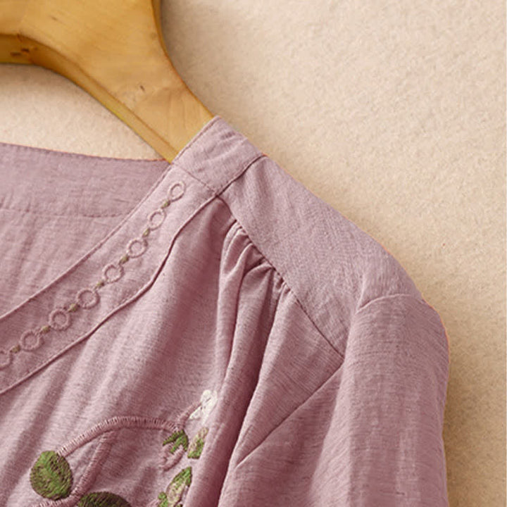 Buddha Stones Camisa de manga corta para mujer con bordado floral estilo boho veraniego - image 9