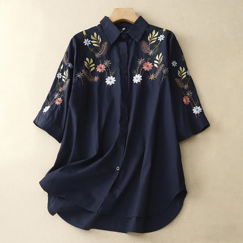 Buddha Stones Camisa de manga corta para mujer estilo boho con bordado floral, ideal para primavera y verano. - Azul medianoche - US8-10，UK/AU12-14，EU40-42 (2XL) - image 0