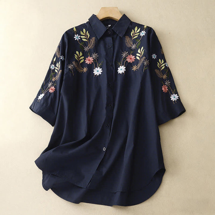 Buddha Stones Camisa de manga corta para mujer estilo boho con bordado floral, ideal para primavera y verano. - Azul medianoche - US8-10，UK/AU12-14，EU40-42 (2XL) - image 0