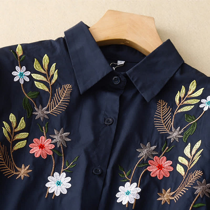Buddha Stones Camisa de manga corta para mujer estilo boho con bordado floral, ideal para primavera y verano. - image 1
