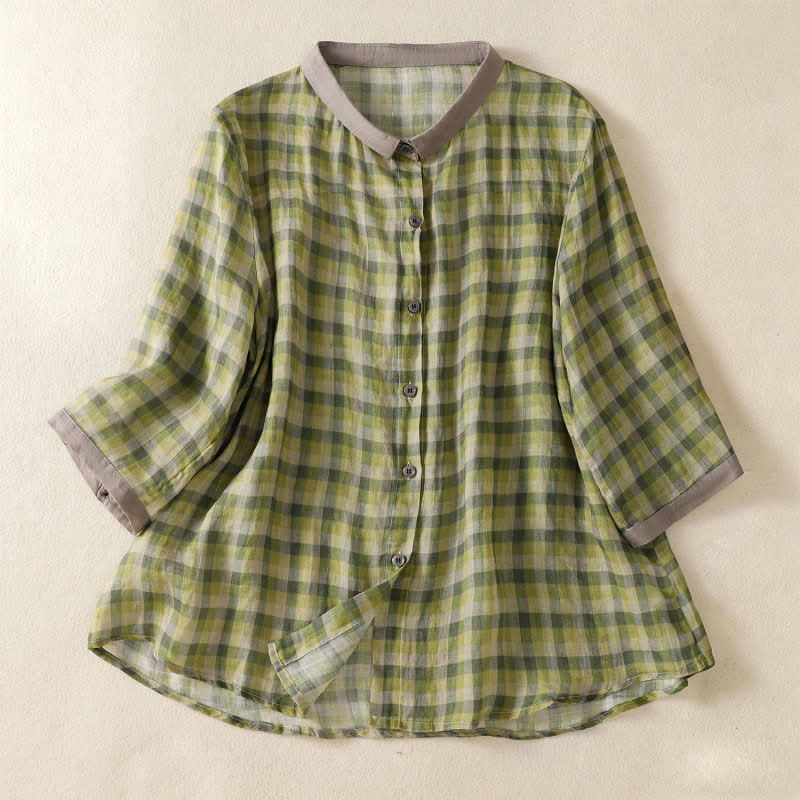 Buddha Stones Camisas de manga corta a cuadros con botones estilo vintage de verano para mujer - Verde amarillento - US8-10，UK/AU12-14，EU40-42 (2XL) - image 0
