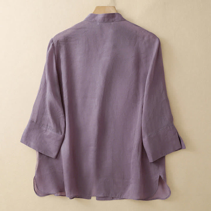 Buddha Stones Camisas de manga tres cuartos para mujer, color liso, con cuello mandarín, ideales para el verano. - image 1