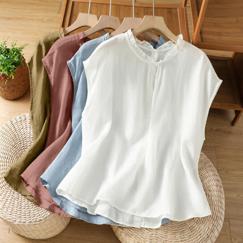 Buddha Stones Camisas sin mangas lisas para mujer, estilo casual de verano, con cuello con volantes y cierre de botones en la espalda. - image 25