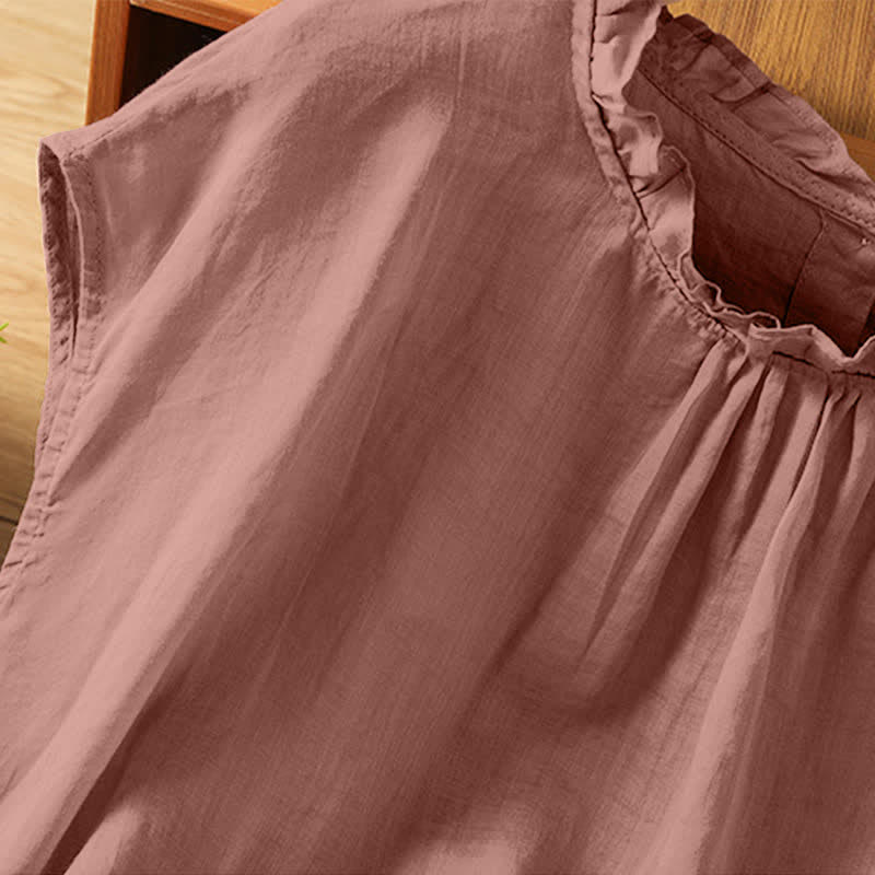 Buddha Stones Camisas sin mangas lisas para mujer, estilo casual de verano, con cuello con volantes y cierre de botones en la espalda. - image 10