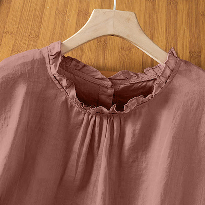 Buddha Stones Camisas sin mangas lisas para mujer, estilo casual de verano, con cuello con volantes y cierre de botones en la espalda. - image 8