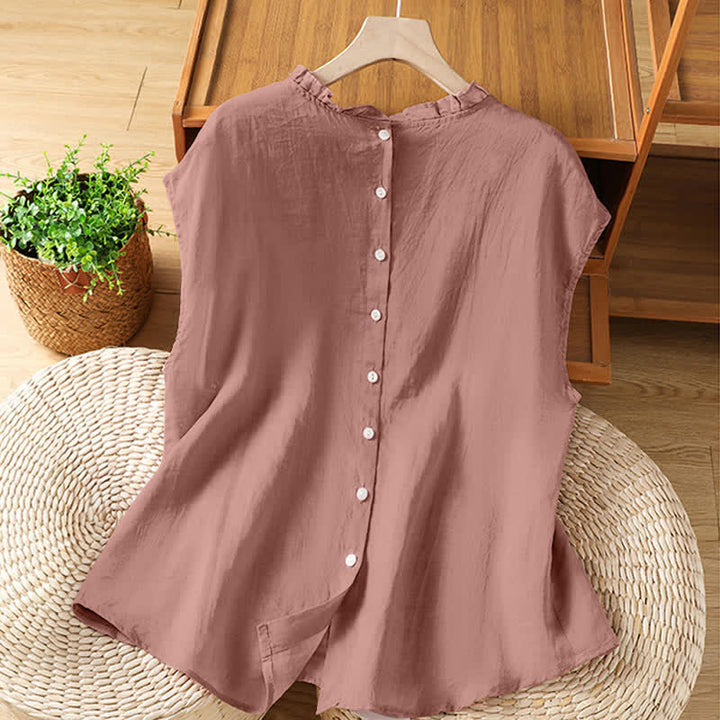 Buddha Stones Camisas sin mangas lisas para mujer, estilo casual de verano, con cuello con volantes y cierre de botones en la espalda. - image 7