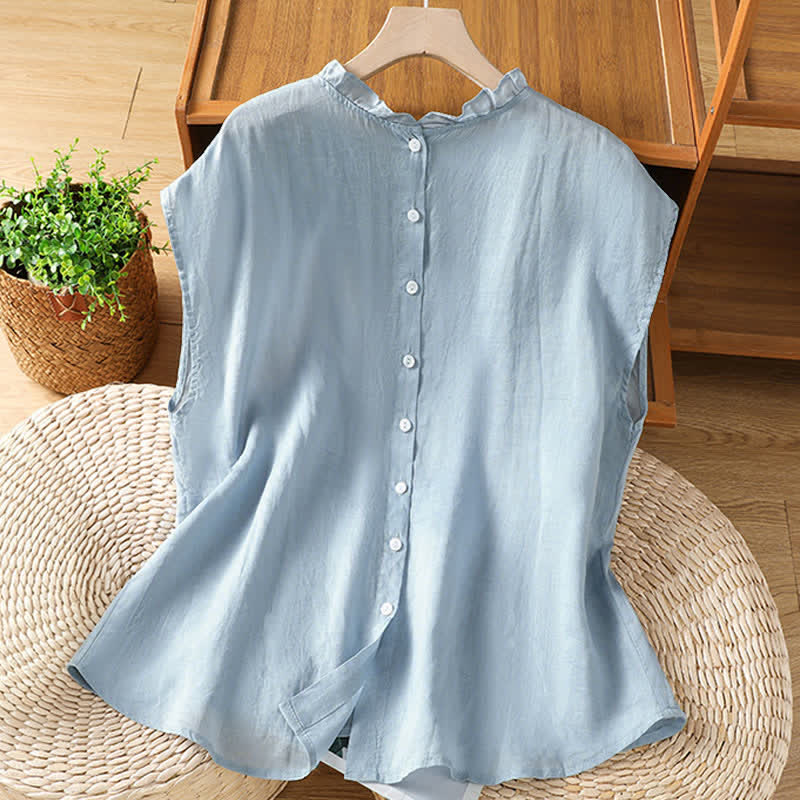 Buddha Stones Camisas sin mangas lisas para mujer, estilo casual de verano, con cuello con volantes y cierre de botones en la espalda. - image 1