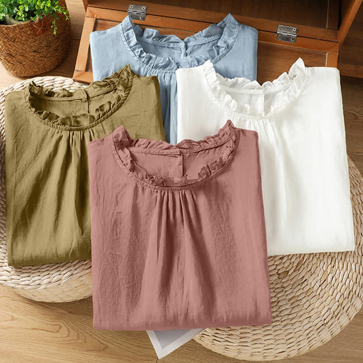 Buddha Stones Camisas sin mangas lisas para mujer, estilo casual de verano, con cuello con volantes y cierre de botones en la espalda. - image 26