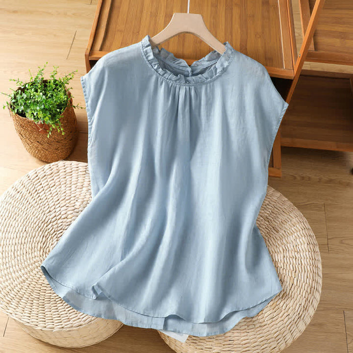 Buddha Stones Camisas sin mangas lisas para mujer, estilo casual de verano, con cuello con volantes y cierre de botones en la espalda. - Azul acero claro - US8-10，UK/AU12-14，EU40-42 (2XL) - image 0