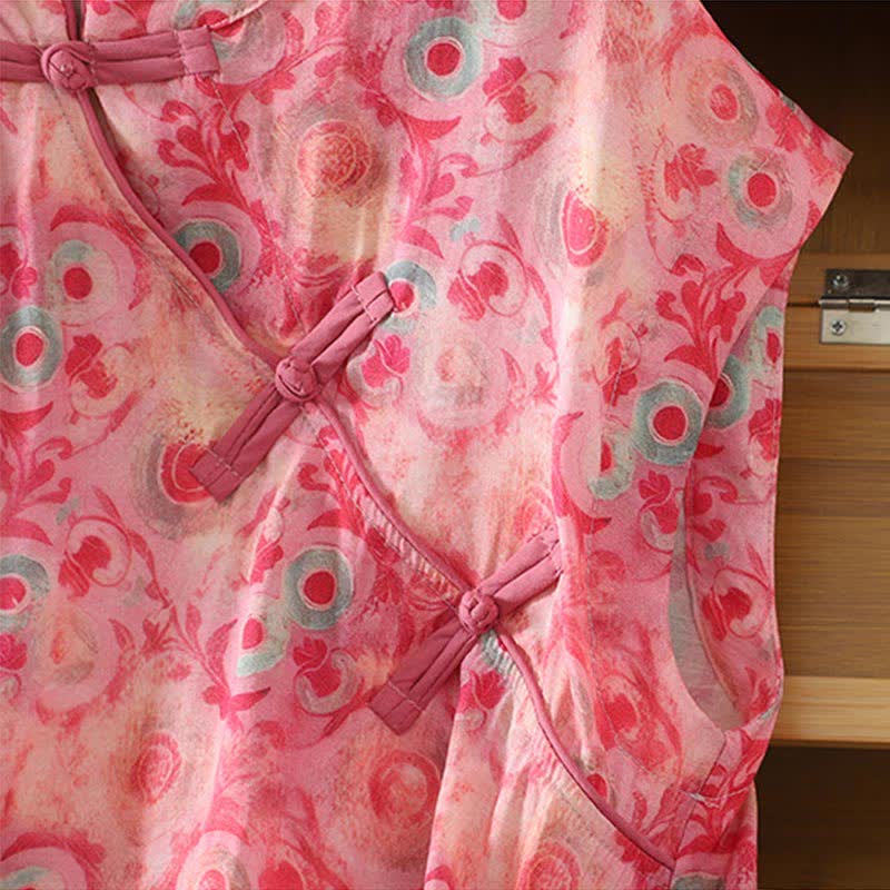 Buddha Stones Camisas sin mangas elegantes de verano para mujer con cuello mandarín, abertura lateral y estampado floral. - image 18