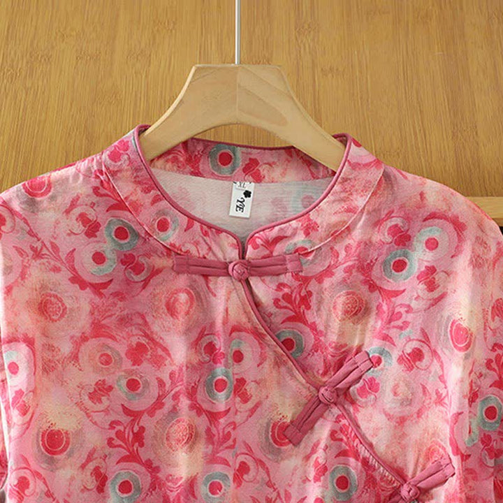 Buddha Stones Camisas sin mangas elegantes de verano para mujer con cuello mandarín, abertura lateral y estampado floral. - image 17