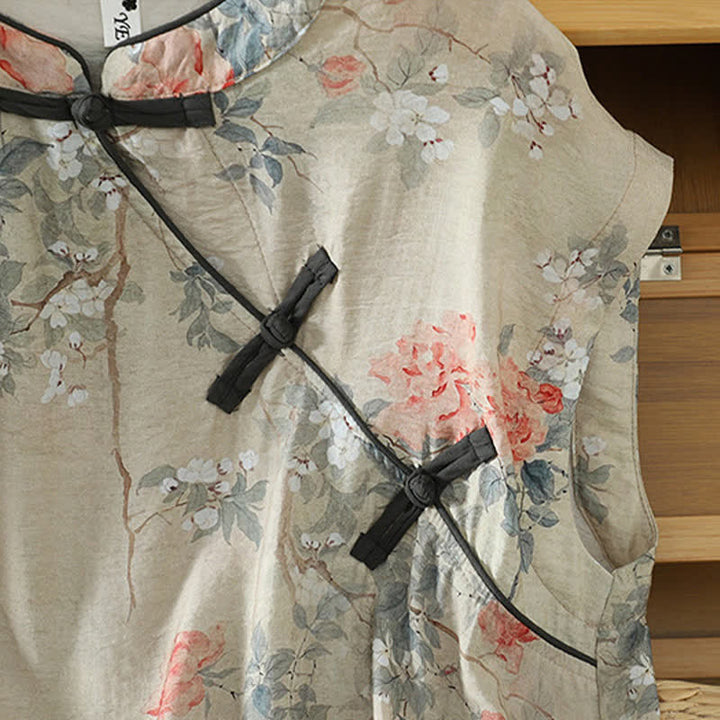 Buddha Stones Camisas sin mangas elegantes de verano para mujer con cuello mandarín, abertura lateral y estampado floral. - image 2