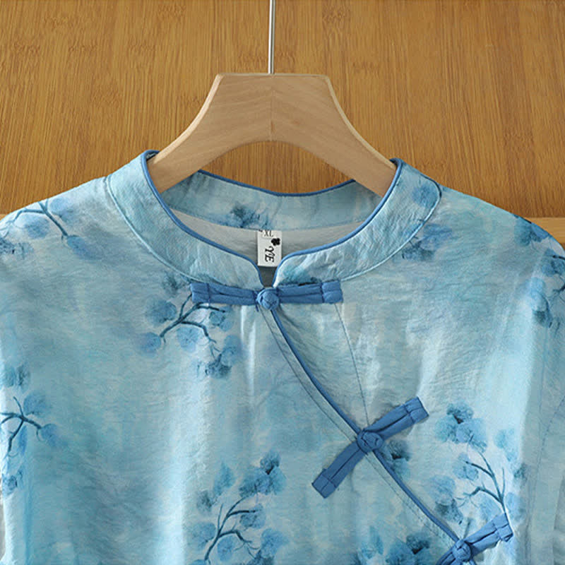 Buddha Stones Camisas sin mangas elegantes de verano para mujer con cuello mandarín, abertura lateral y estampado floral. - image 6