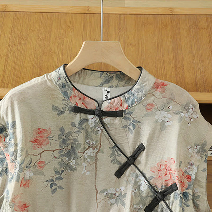 Buddha Stones Camisas sin mangas elegantes de verano para mujer con cuello mandarín, abertura lateral y estampado floral. - image 1