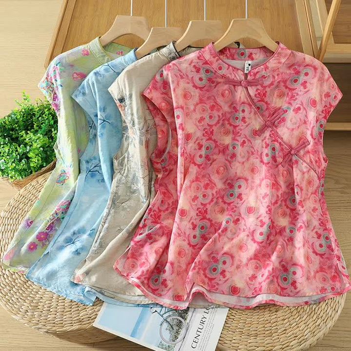 Buddha Stones Camisas sin mangas elegantes de verano para mujer con cuello mandarín, abertura lateral y estampado floral. - image 25