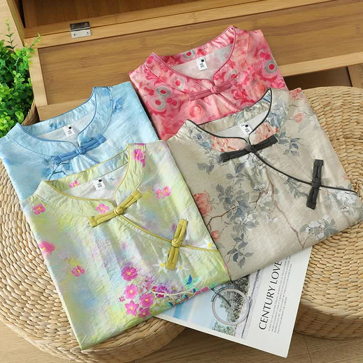Buddha Stones Camisas sin mangas elegantes de verano para mujer con cuello mandarín, abertura lateral y estampado floral. - image 27