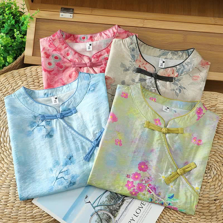 Buddha Stones Camisas sin mangas elegantes de verano para mujer con cuello mandarín, abertura lateral y estampado floral. - image 26