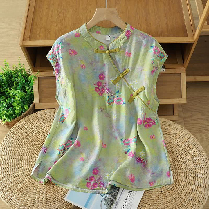 Buddha Stones Camisas sin mangas elegantes de verano para mujer con cuello mandarín, abertura lateral y estampado floral. - Verde amarillento - US14，UK/AU18，EU46 (2XL) - image 10