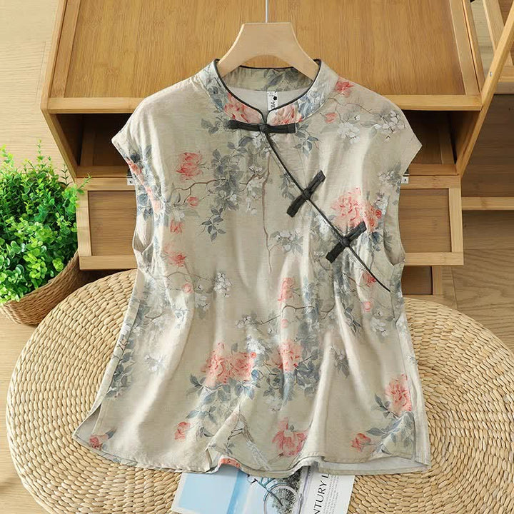 Buddha Stones Camisas sin mangas elegantes de verano para mujer con cuello mandarín, abertura lateral y estampado floral. - Beige - US14，UK/AU18，EU46 (2XL) - image 0