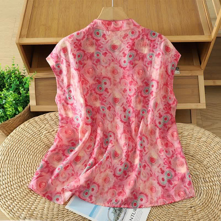 Buddha Stones Camisas sin mangas elegantes de verano para mujer con cuello mandarín, abertura lateral y estampado floral. - image 16
