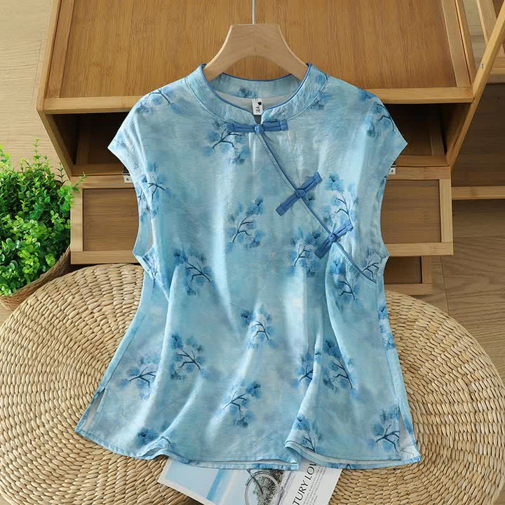 Buddha Stones Camisas sin mangas elegantes de verano para mujer con cuello mandarín, abertura lateral y estampado floral. - Azul claro - US14，UK/AU18，EU46 (2XL) - image 5