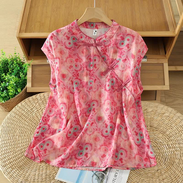 Buddha Stones Camisas sin mangas elegantes de verano para mujer con cuello mandarín, abertura lateral y estampado floral. - Rojo violeta pálido - US14，UK/AU18，EU46 (2XL) - image 15