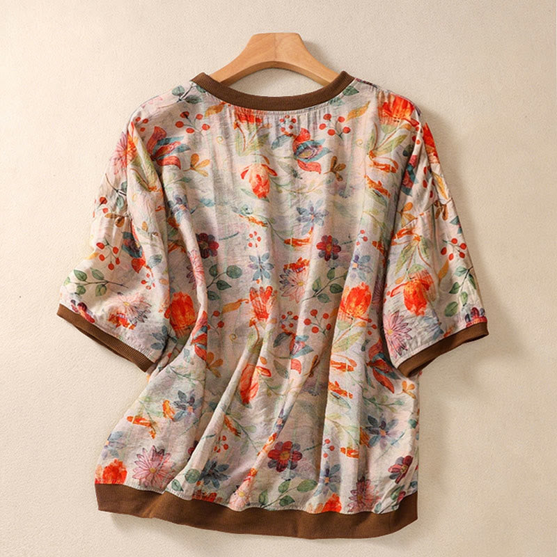 Buddha Stones Camisetas de manga corta para mujer con cuello redondo y estampado floral, estilo vintage de verano. - image 1