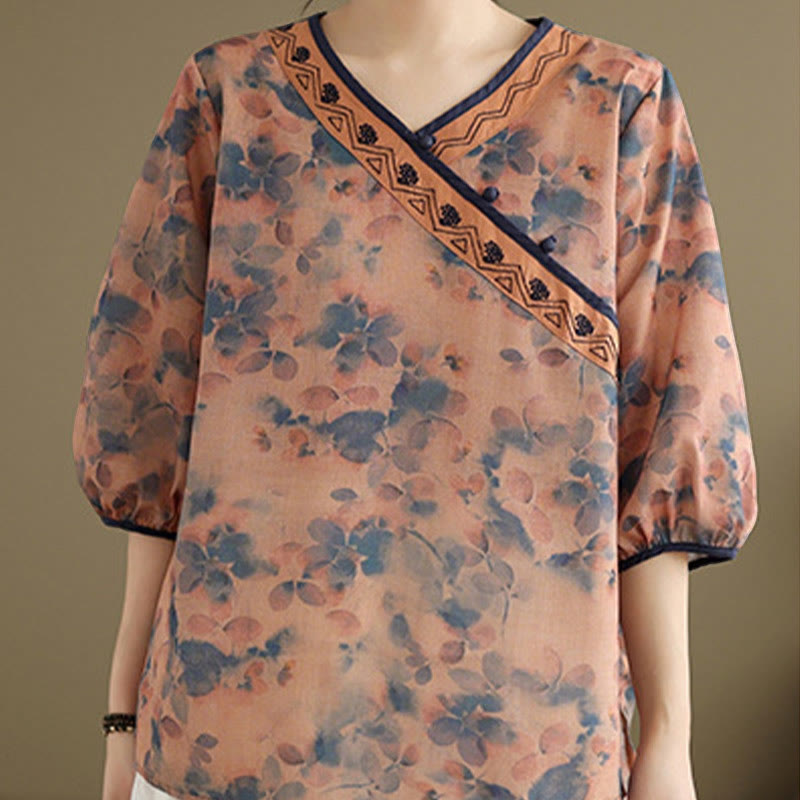 Buddha Stones Camisas de manga tres cuartos para mujer con cuello en V y estampado floral vintage de verano - image 12
