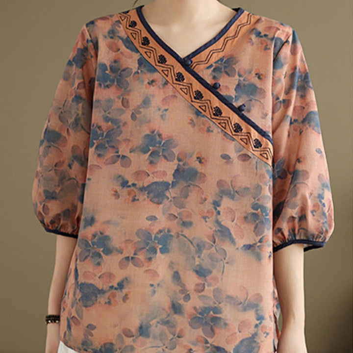 Buddha Stones Camisas de manga tres cuartos para mujer con cuello en V y estampado floral vintage de verano - image 12