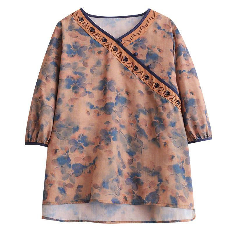 Buddha Stones Camisas de manga tres cuartos para mujer con cuello en V y estampado floral vintage de verano - image 14