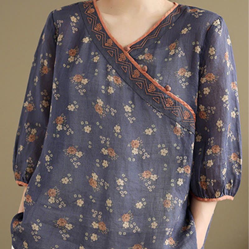 Buddha Stones Camisas de manga tres cuartos para mujer con cuello en V y estampado floral vintage de verano - image 4