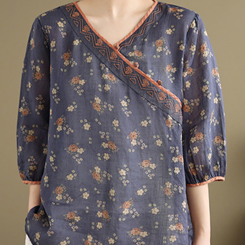 Buddha Stones Camisas de manga tres cuartos para mujer con cuello en V y estampado floral vintage de verano - image 3