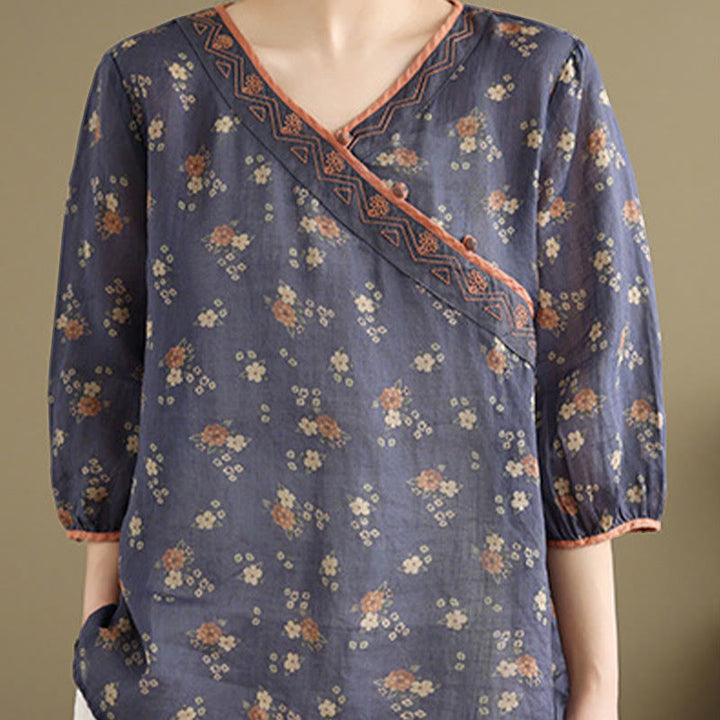 Buddha Stones Camisas de manga tres cuartos para mujer con cuello en V y estampado floral vintage de verano - image 3