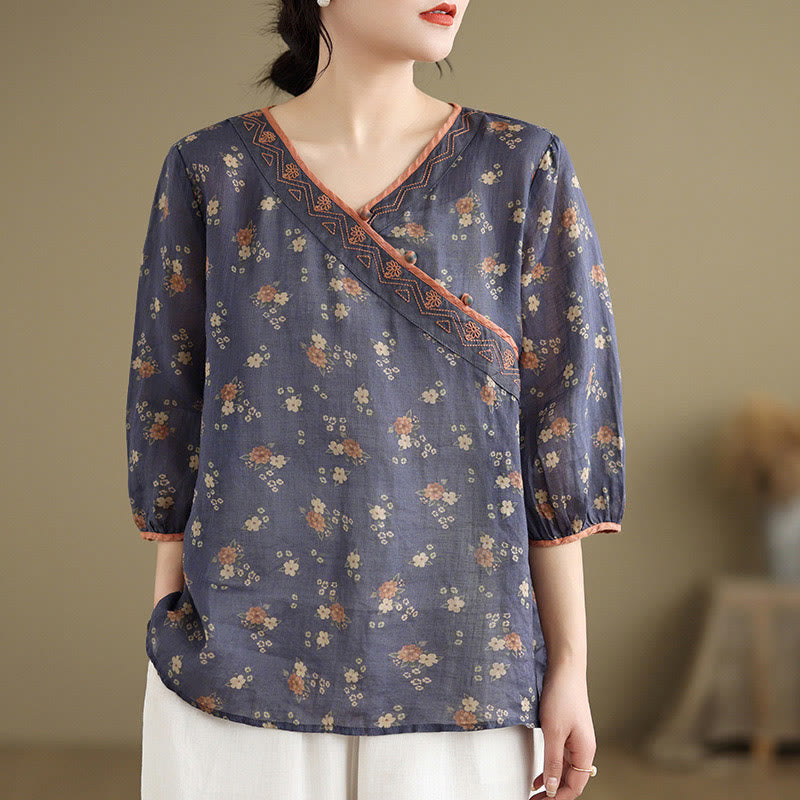 Buddha Stones Camisas de manga tres cuartos para mujer con cuello en V y estampado floral vintage de verano - Azul pizarra oscuro - US8-10，UK/AU12-14，EU40-42 (2XL) - image 0