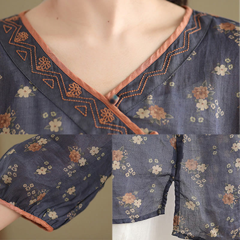 Buddha Stones Camisas de manga tres cuartos para mujer con cuello en V y estampado floral vintage de verano - image 5