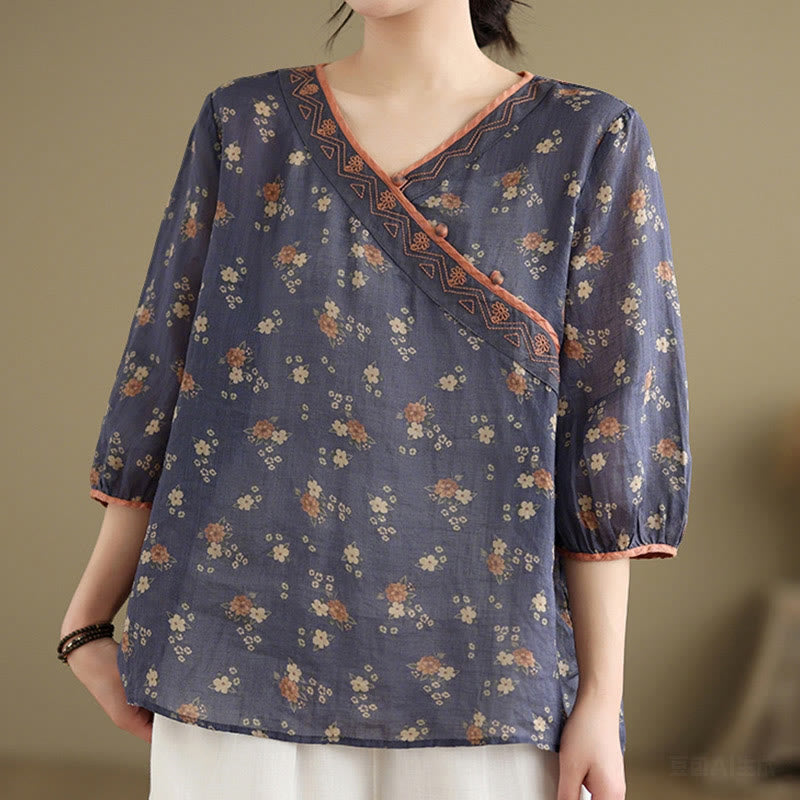 Buddha Stones Camisas de manga tres cuartos para mujer con cuello en V y estampado floral vintage de verano - image 1