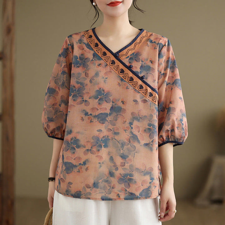 Buddha Stones Camisas de manga tres cuartos para mujer con cuello en V y estampado floral vintage de verano - image 10