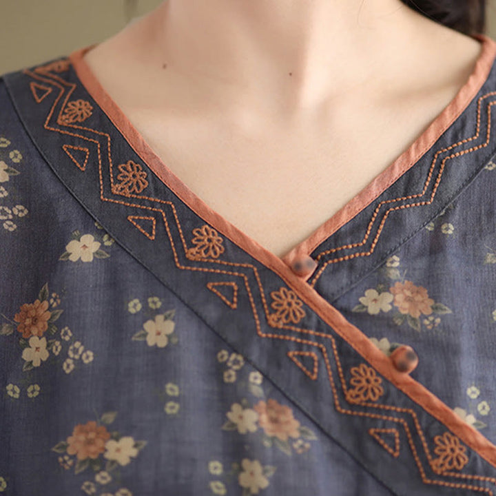 Buddha Stones Camisas de manga tres cuartos para mujer con cuello en V y estampado floral vintage de verano - image 6