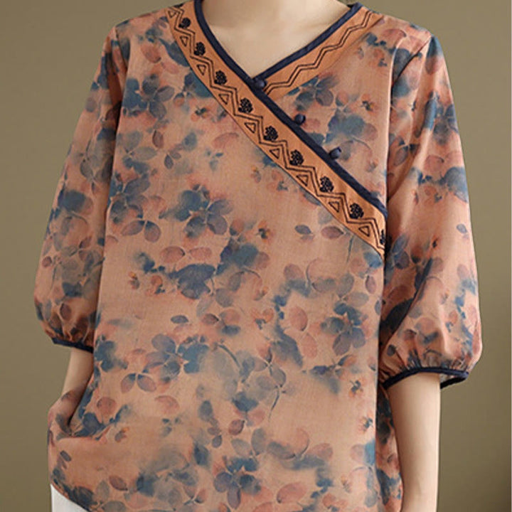 Buddha Stones Camisas de manga tres cuartos para mujer con cuello en V y estampado floral vintage de verano - image 13