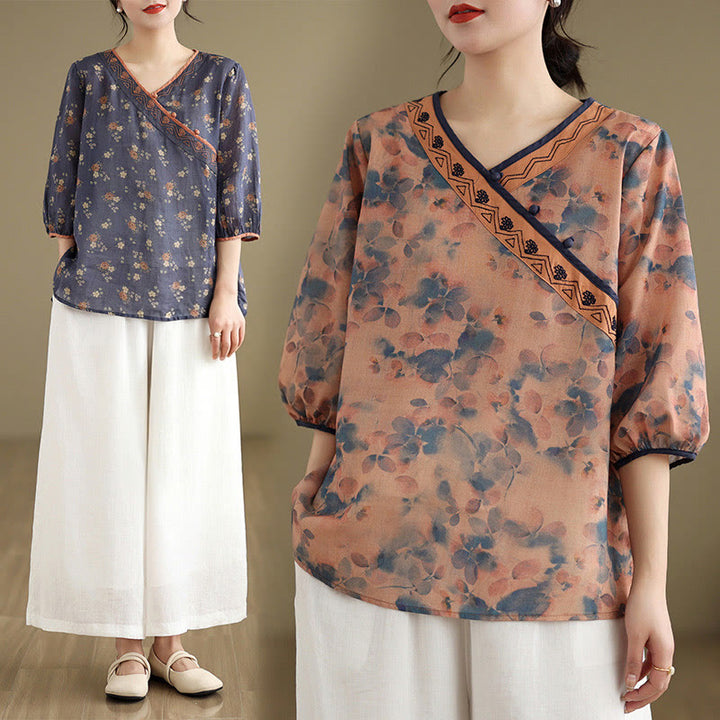 Buddha Stones Camisas de manga tres cuartos para mujer con cuello en V y estampado floral vintage de verano - image 15