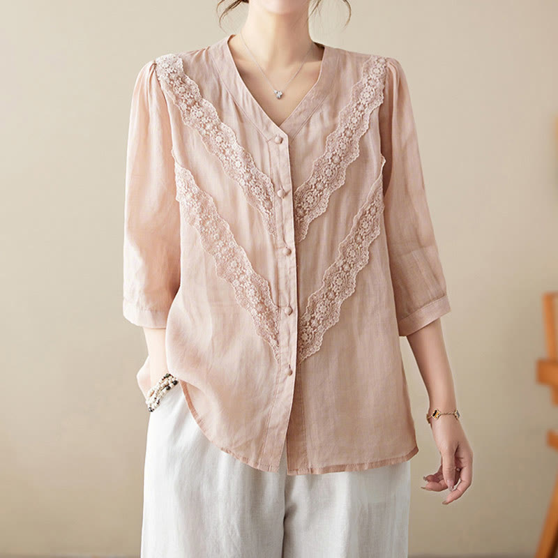 Buddha Stones Camisas de manga tres cuartos para mujer, color liso, con cuello en V y ribete de encaje, ideales para el verano. - image 22