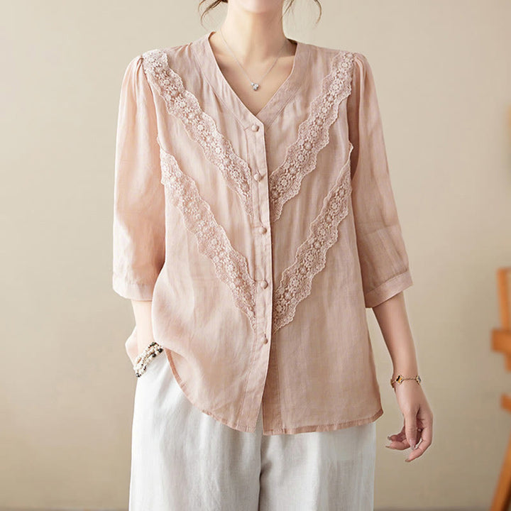 Buddha Stones Camisas de manga tres cuartos para mujer, color liso, con cuello en V y ribete de encaje, ideales para el verano. - image 22
