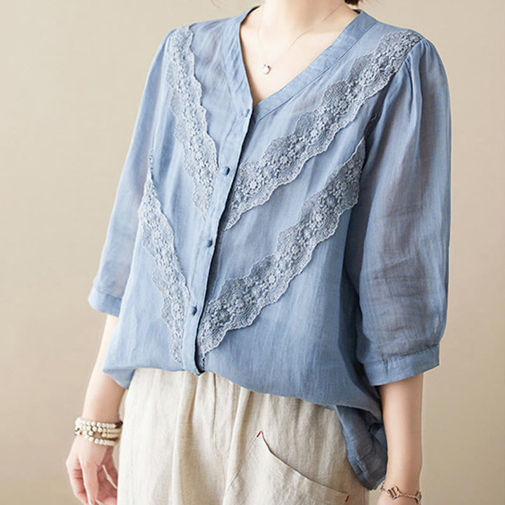 Buddha Stones Camisas de manga tres cuartos para mujer, color liso, con cuello en V y ribete de encaje, ideales para el verano. - image 14