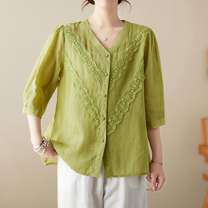 Buddha Stones Camisas de manga tres cuartos para mujer, color liso, con cuello en V y ribete de encaje, ideales para el verano. - Verde amarillento - US8-10，UK/AU12-14，EU40-42 (2XL) - image 0